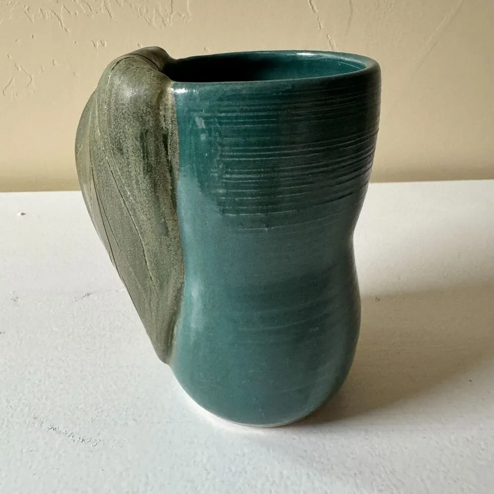 Handmade Leaf Handwarmer Ceramic Mug Dark Teal (Left)